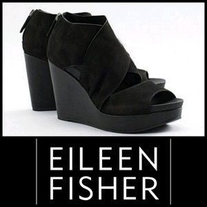 Eileen Fisher Draw Black Suede Wedge Sandals. 7.5